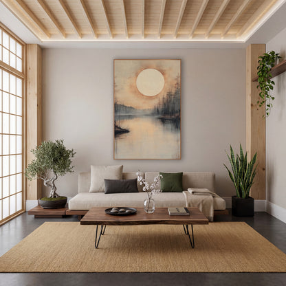 Misty Pine Moon Shoreline wall art in a calm Japandi-style room – pale round moon with orange haze over a still misty