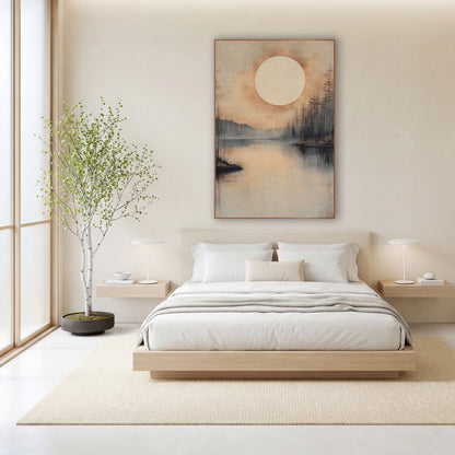 Misty Pine Moon Shoreline wall art in a calm Japandi-style room – pale round moon with orange haze over a still misty