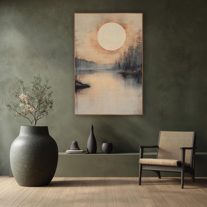 Misty Pine Moon Shoreline wall art in a calm Japandi-style room – pale round moon with orange haze over a still misty