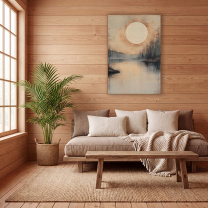 Misty Pine Moon Shoreline wall art in a calm Japandi-style room – pale round moon with orange haze over a still misty