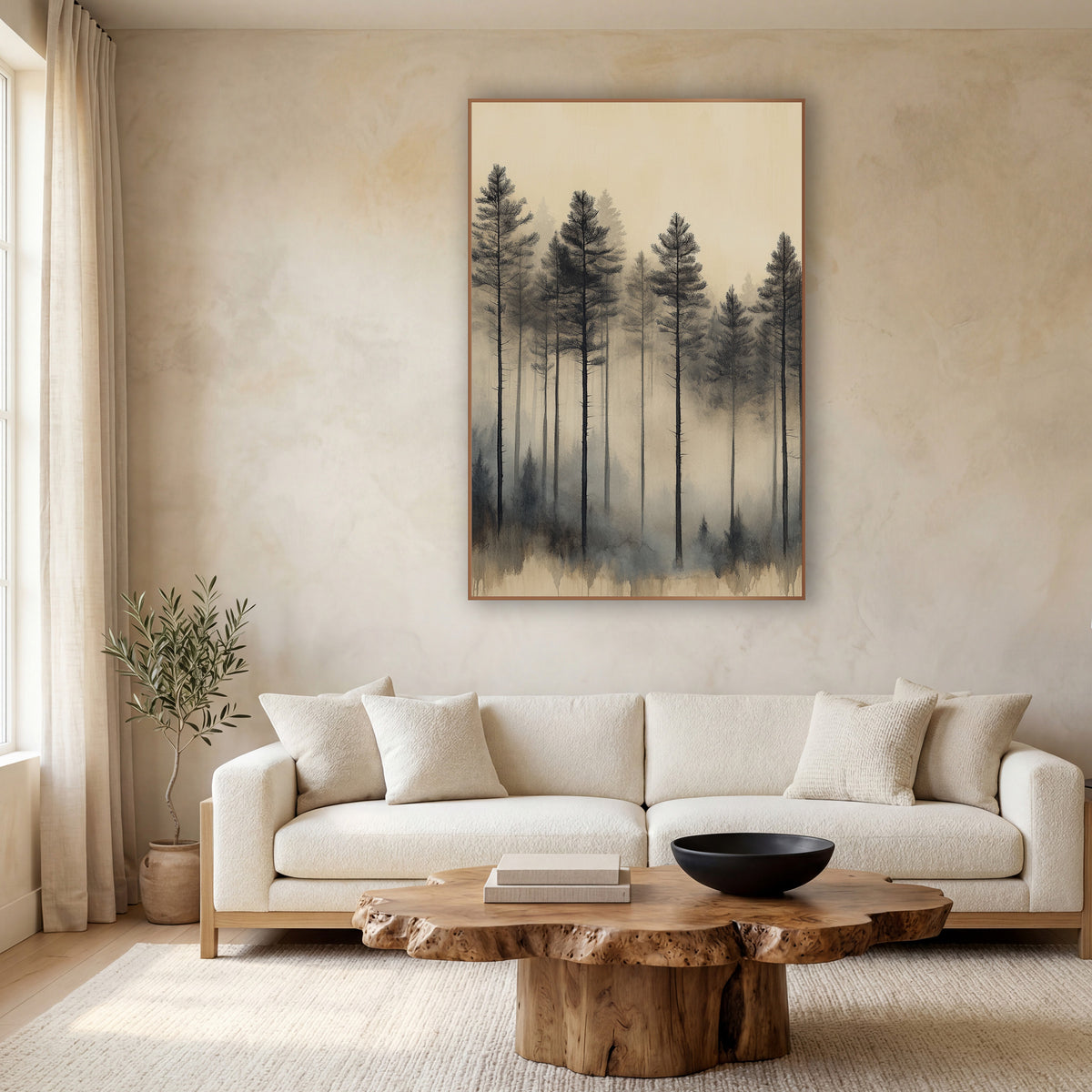 Tall Pines Haze Sepia Japandi wall art in a calm Japandi-style room – tall dark evergreens fading into soft gray fog