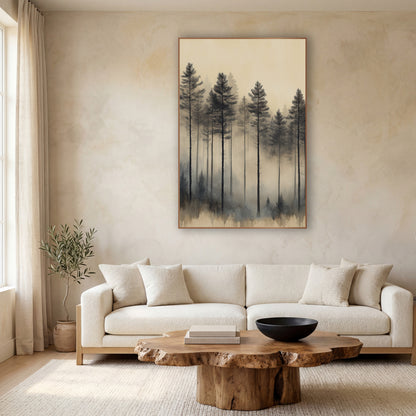 Tall Pines Haze Sepia Japandi wall art in a calm Japandi-style room – tall dark evergreens fading into soft gray fog