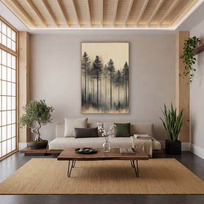 Tall Pines Haze Sepia Japandi wall art in a calm Japandi-style room – tall dark evergreens fading into soft gray fog