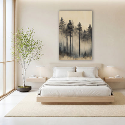 Tall Pines Haze Sepia Japandi wall art in a calm Japandi-style room – tall dark evergreens fading into soft gray fog