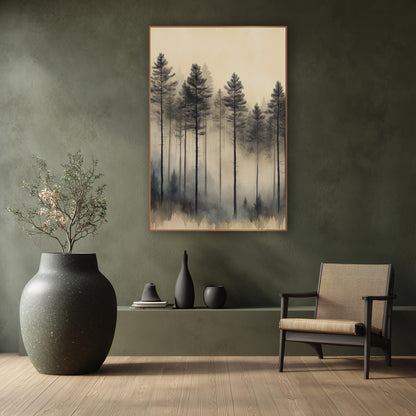 Tall Pines Haze Sepia Japandi wall art in a calm Japandi-style room – tall dark evergreens fading into soft gray fog