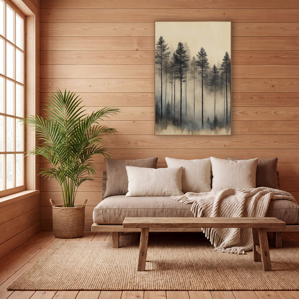 Tall Pines Haze Sepia Japandi wall art in a calm Japandi-style room – tall dark evergreens fading into soft gray fog