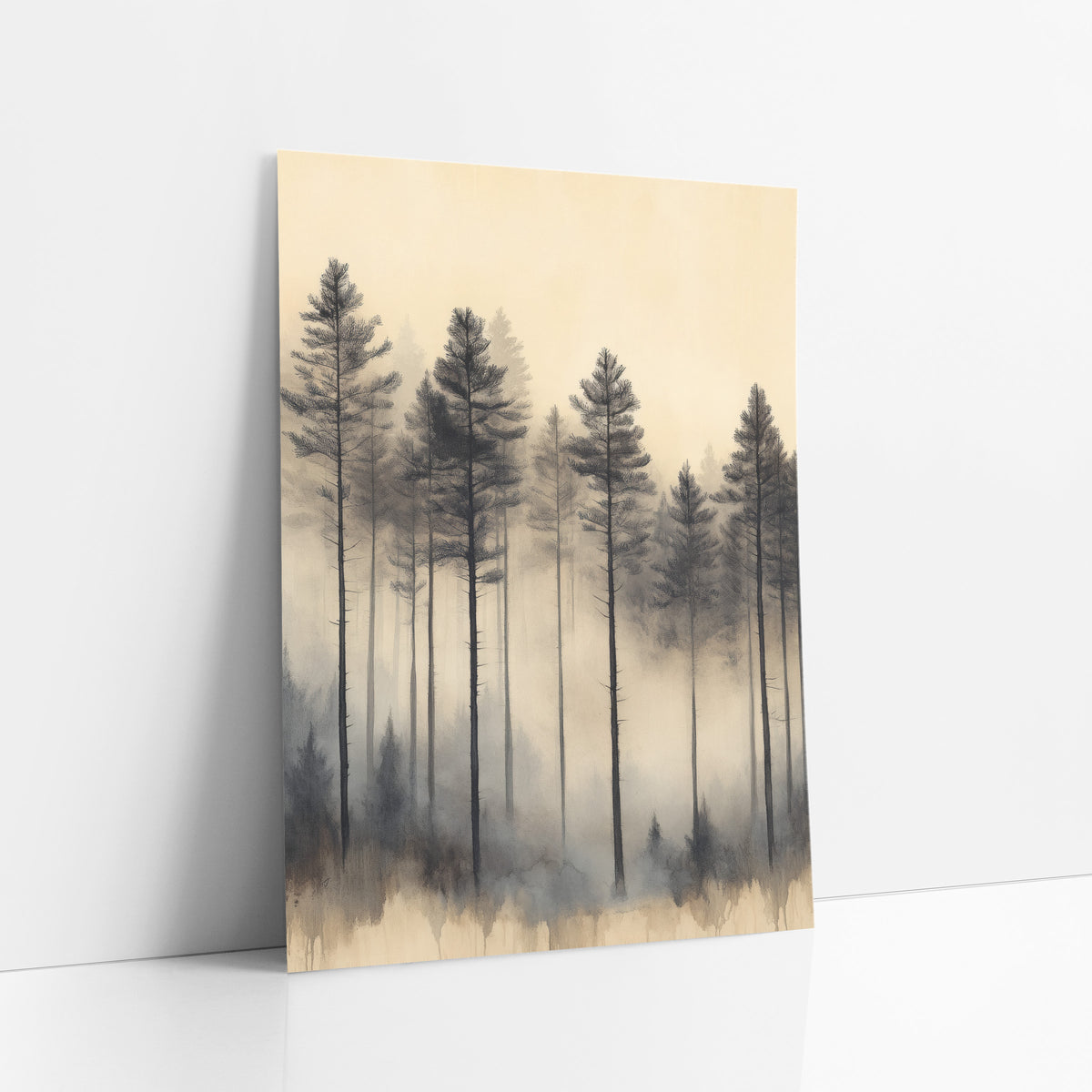 Tall Pines Haze Sepia Japandi art print leaning against a white wall – tall dark evergreens fading into soft gray fog