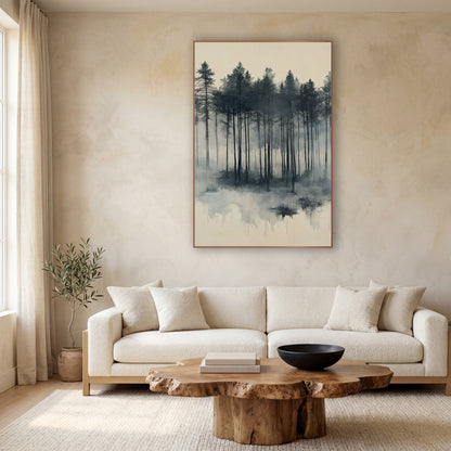 Pine Marsh Reflection Slate Japandi wall art in a calm Japandi-style room – tall evergreen trees in charcoal and slate