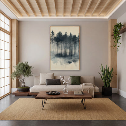 Pine Marsh Reflection Slate Japandi wall art in a calm Japandi-style room – tall evergreen trees in charcoal and slate