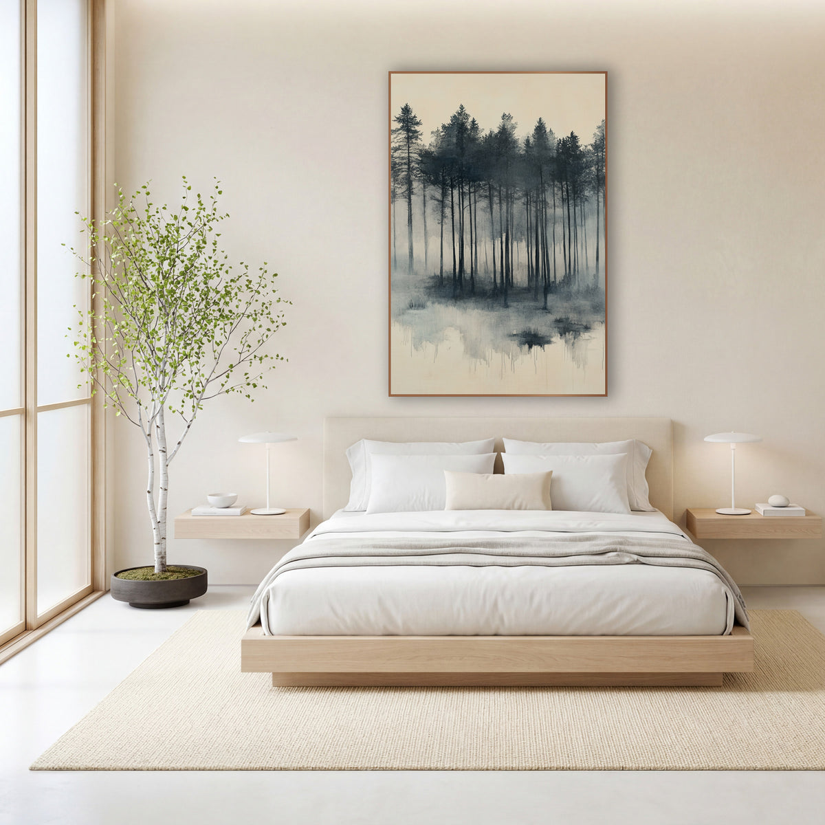 Pine Marsh Reflection Slate Japandi wall art in a calm Japandi-style room – tall evergreen trees in charcoal and slate