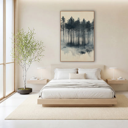 Pine Marsh Reflection Slate Japandi wall art in a calm Japandi-style room – tall evergreen trees in charcoal and slate
