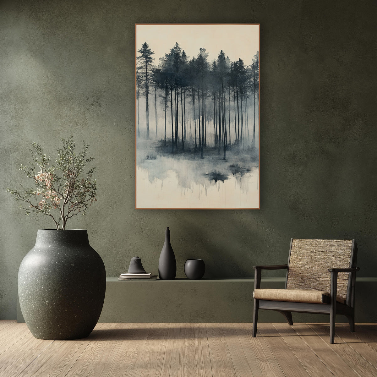 Pine Marsh Reflection Slate Japandi wall art in a calm Japandi-style room – tall evergreen trees in charcoal and slate