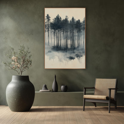 Pine Marsh Reflection Slate Japandi wall art in a calm Japandi-style room – tall evergreen trees in charcoal and slate