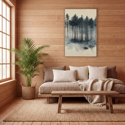 Pine Marsh Reflection Slate Japandi wall art in a calm Japandi-style room – tall evergreen trees in charcoal and slate