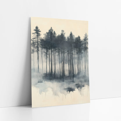 Pine Marsh Reflection Slate Japandi art print leaning against a white wall – tall evergreen trees in charcoal and slate blue