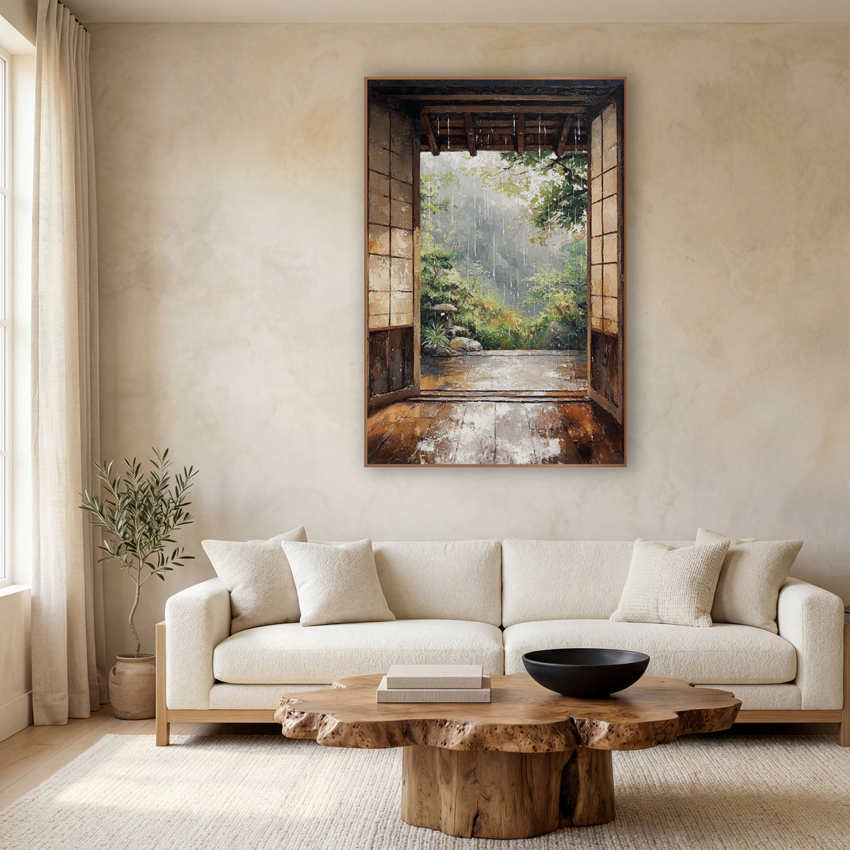 Rainy Open Doorway Japandi Landscape wall art in a calm Japandi-style room – rain falling past an open wooden doorway