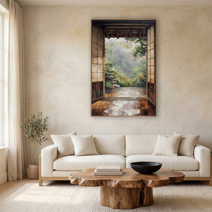 Rainy Open Doorway Japandi Landscape wall art in a calm Japandi-style room – rain falling past an open wooden doorway