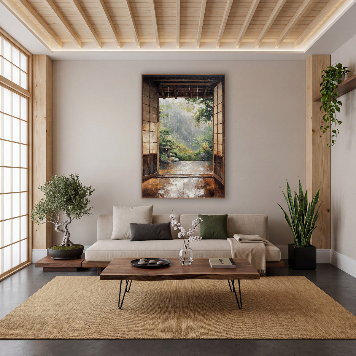 Rainy Open Doorway Japandi Landscape wall art in a calm Japandi-style room – rain falling past an open wooden doorway