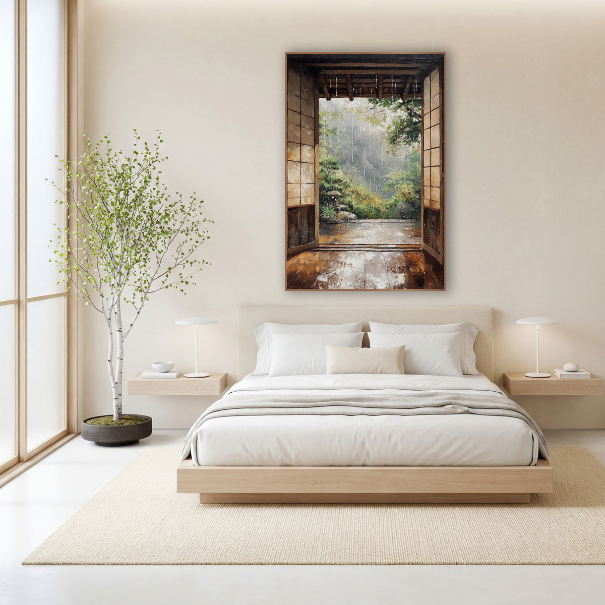 Rainy Open Doorway Japandi Landscape wall art in a calm Japandi-style room – rain falling past an open wooden doorway