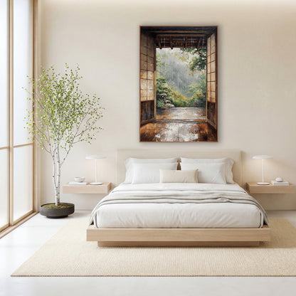 Rainy Open Doorway Japandi Landscape wall art in a calm Japandi-style room – rain falling past an open wooden doorway