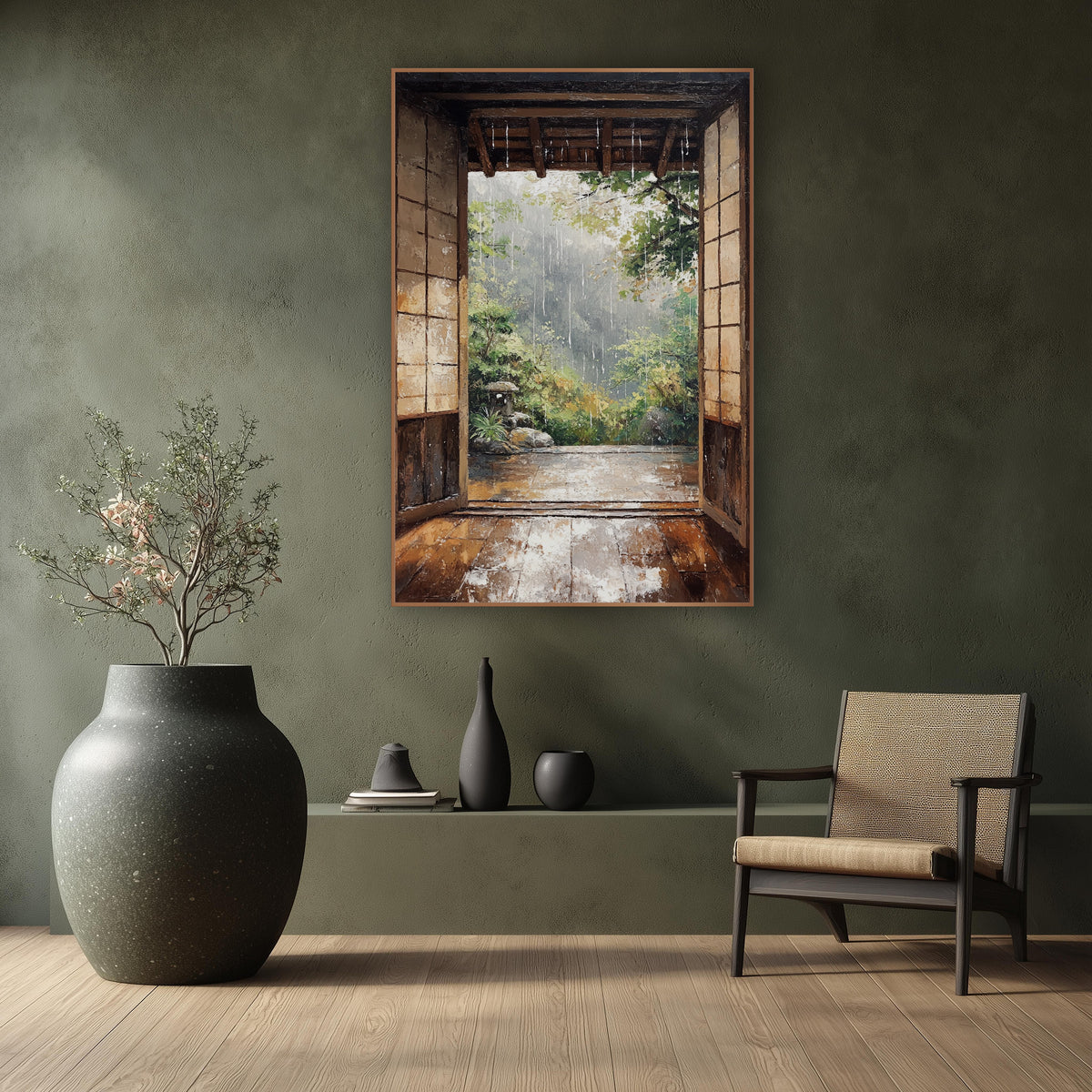 Rainy Open Doorway Japandi Landscape wall art in a calm Japandi-style room – rain falling past an open wooden doorway