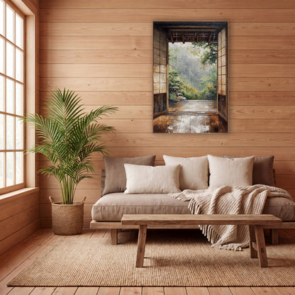 Rainy Open Doorway Japandi Landscape wall art in a calm Japandi-style room – rain falling past an open wooden doorway