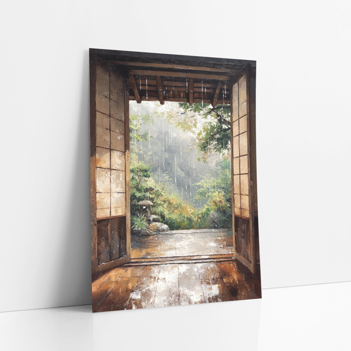 Rainy Open Doorway Japandi Landscape art print leaning against a white wall – rain falling past an open wooden doorway onto
