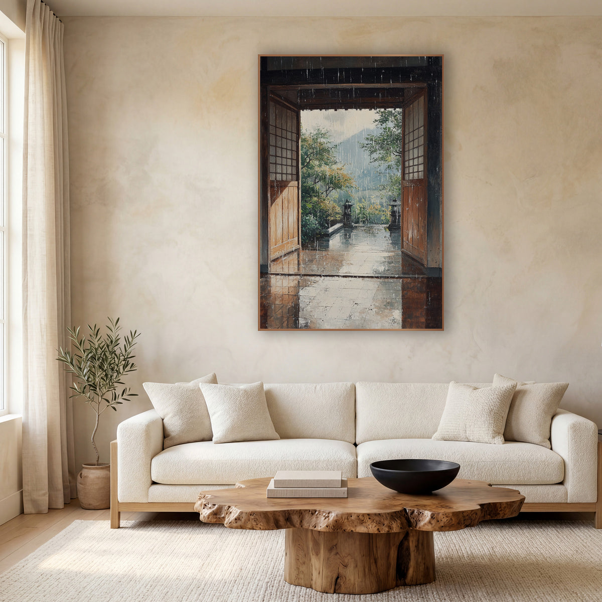 Rainy Stone Lantern Terrace Japandi wall art in a calm Japandi-style room – rain falling past open wooden doors onto