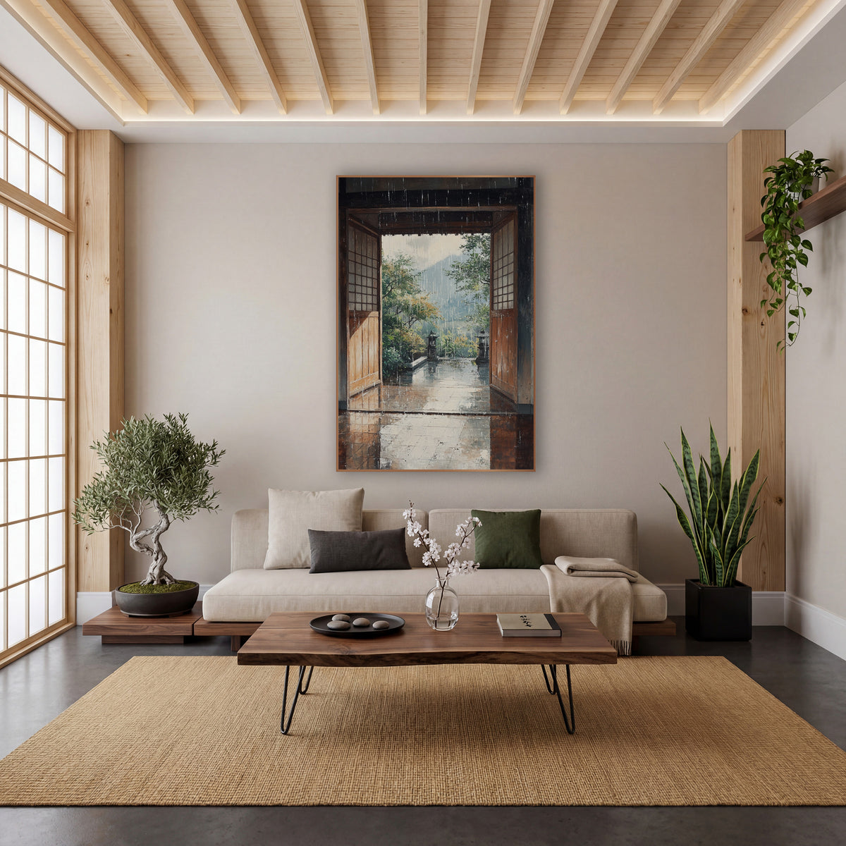 Rainy Stone Lantern Terrace Japandi wall art in a calm Japandi-style room – rain falling past open wooden doors onto