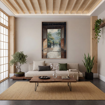Rainy Stone Lantern Terrace Japandi wall art in a calm Japandi-style room – rain falling past open wooden doors onto
