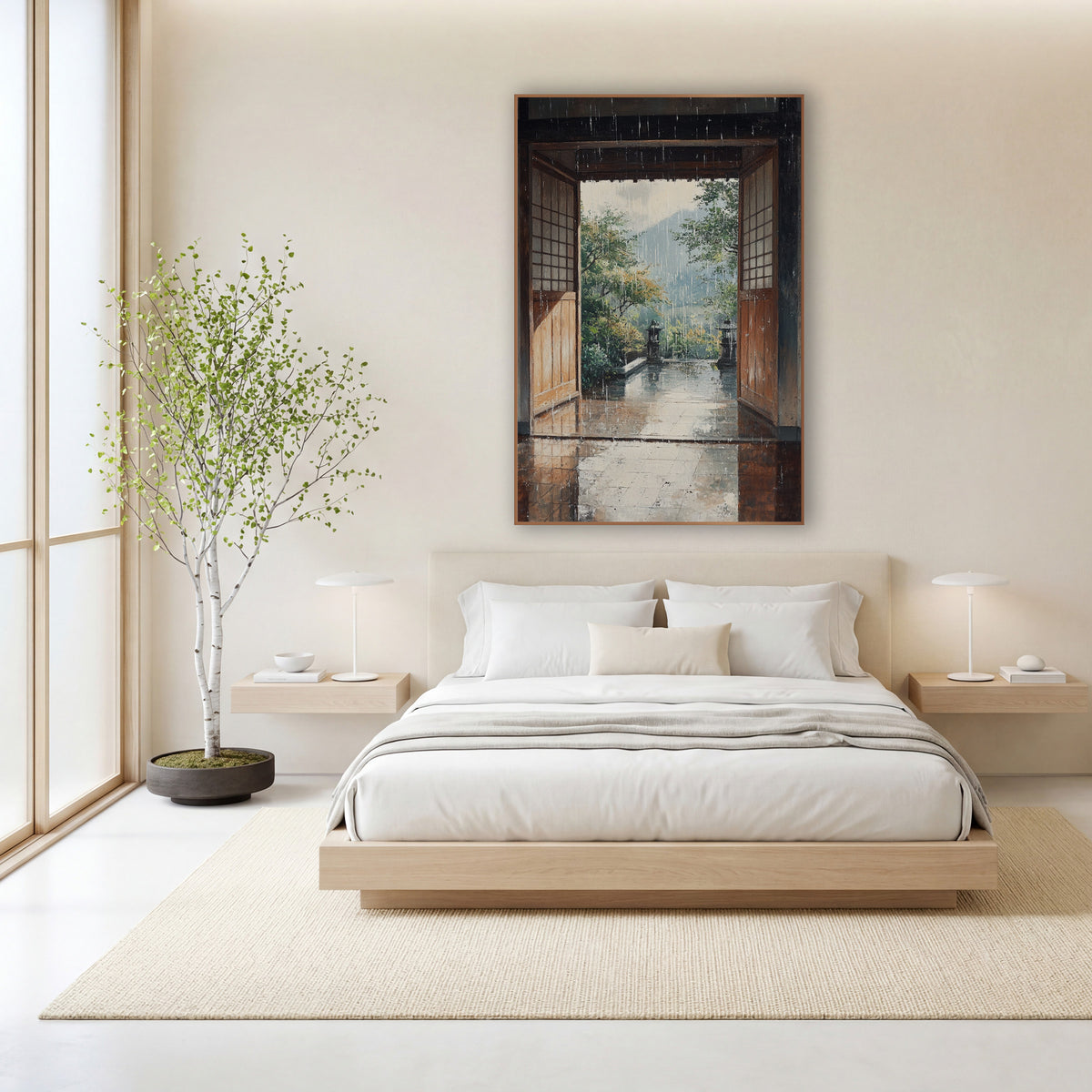 Rainy Stone Lantern Terrace Japandi wall art in a calm Japandi-style room – rain falling past open wooden doors onto