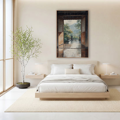 Rainy Stone Lantern Terrace Japandi wall art in a calm Japandi-style room – rain falling past open wooden doors onto