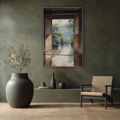Rainy Stone Lantern Terrace Japandi wall art in a calm Japandi-style room – rain falling past open wooden doors onto