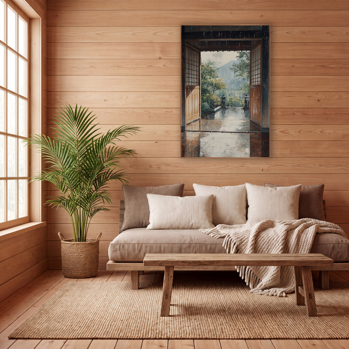 Rainy Stone Lantern Terrace Japandi wall art in a calm Japandi-style room – rain falling past open wooden doors onto