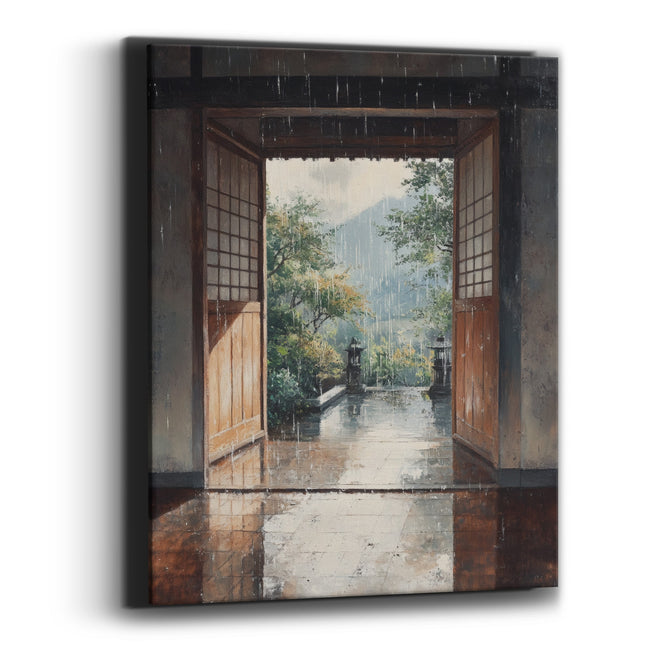 Rainy Stone Lantern Terrace Japandi Canvas Wall Art