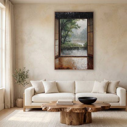 Rainy Veranda Lakeside Bench Painterly wall art in a calm Japandi-style room – open wooden doors look out on a rainy