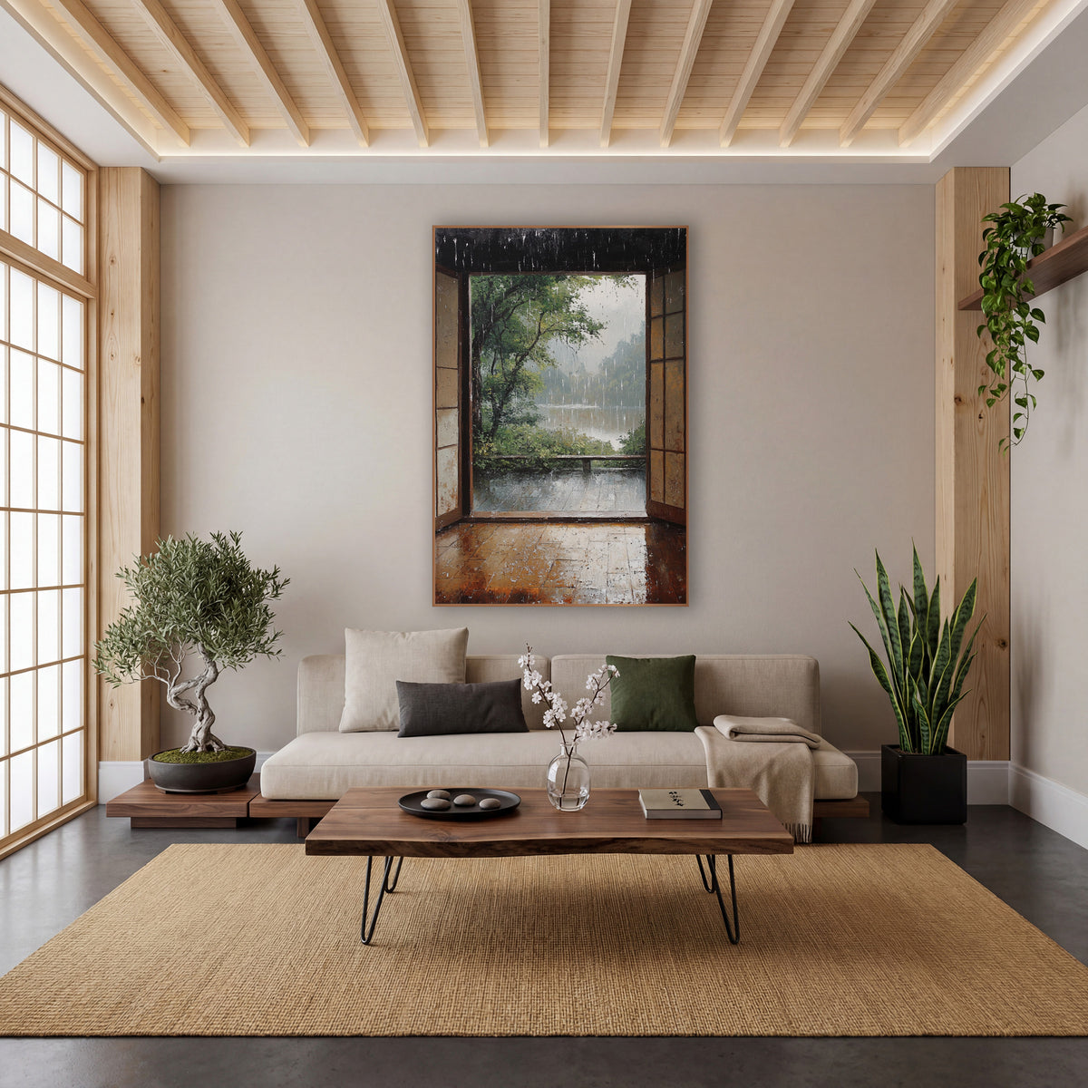 Rainy Veranda Lakeside Bench Painterly wall art in a calm Japandi-style room – open wooden doors look out on a rainy