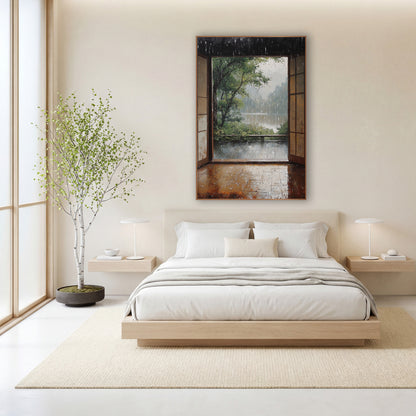 Rainy Veranda Lakeside Bench Painterly wall art in a calm Japandi-style room – open wooden doors look out on a rainy