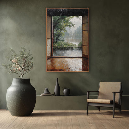 Rainy Veranda Lakeside Bench Painterly wall art in a calm Japandi-style room – open wooden doors look out on a rainy