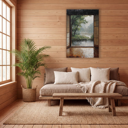 Rainy Veranda Lakeside Bench Painterly wall art in a calm Japandi-style room – open wooden doors look out on a rainy