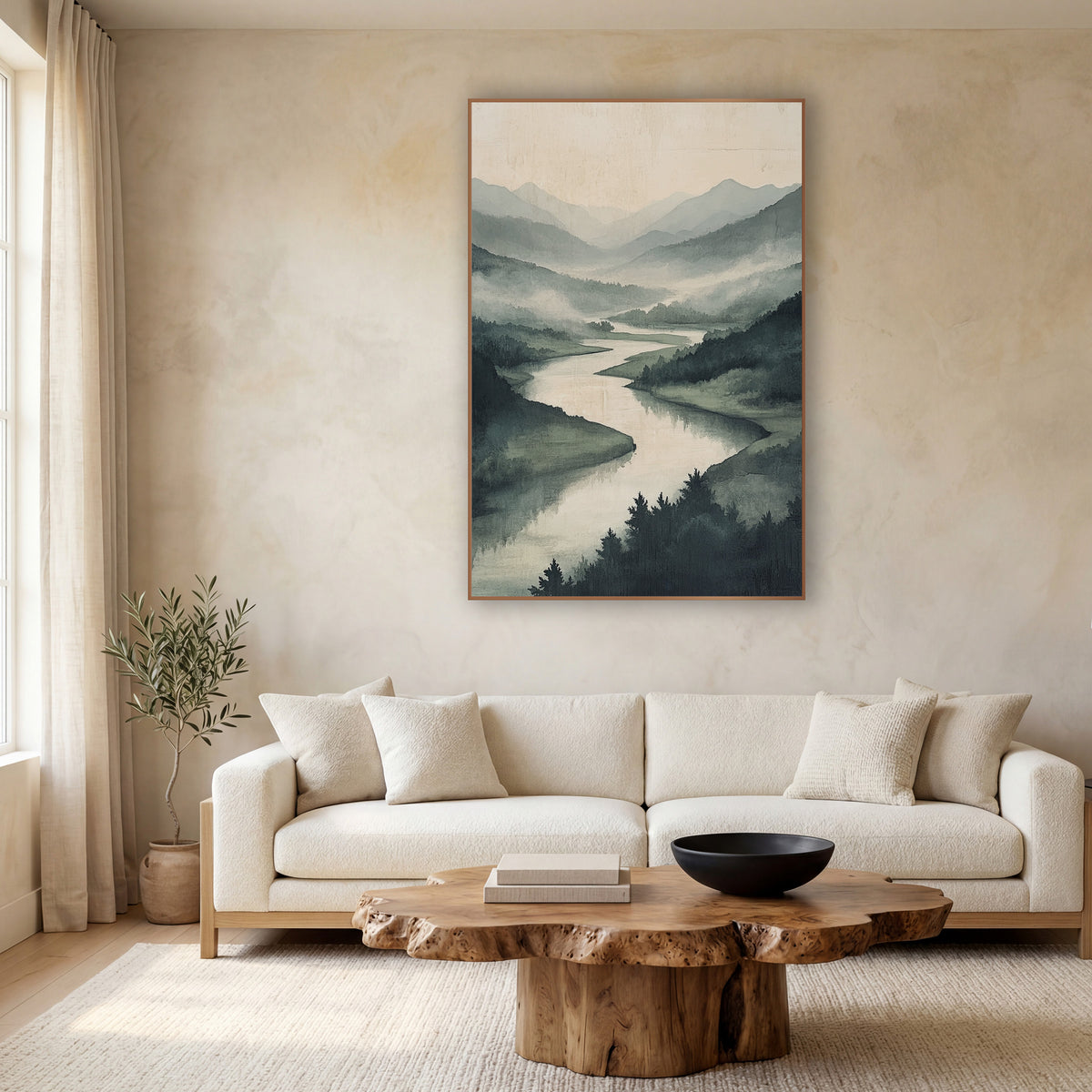 Misty Valley River Landscape Japandi wall art in a calm Japandi-style room – winding river through misty green