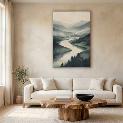 Misty Valley River Landscape Japandi wall art in a calm Japandi-style room – winding river through misty green