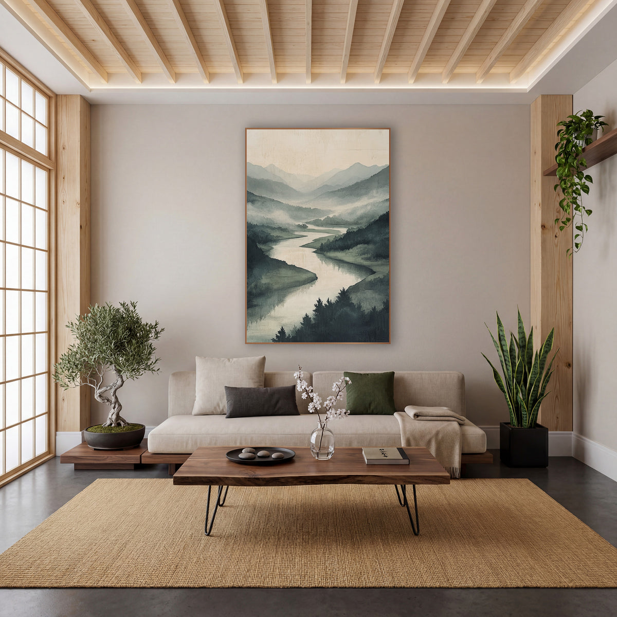 Misty Valley River Landscape Japandi wall art in a calm Japandi-style room – winding river through misty green