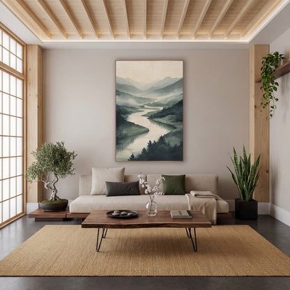 Misty Valley River Landscape Japandi wall art in a calm Japandi-style room – winding river through misty green