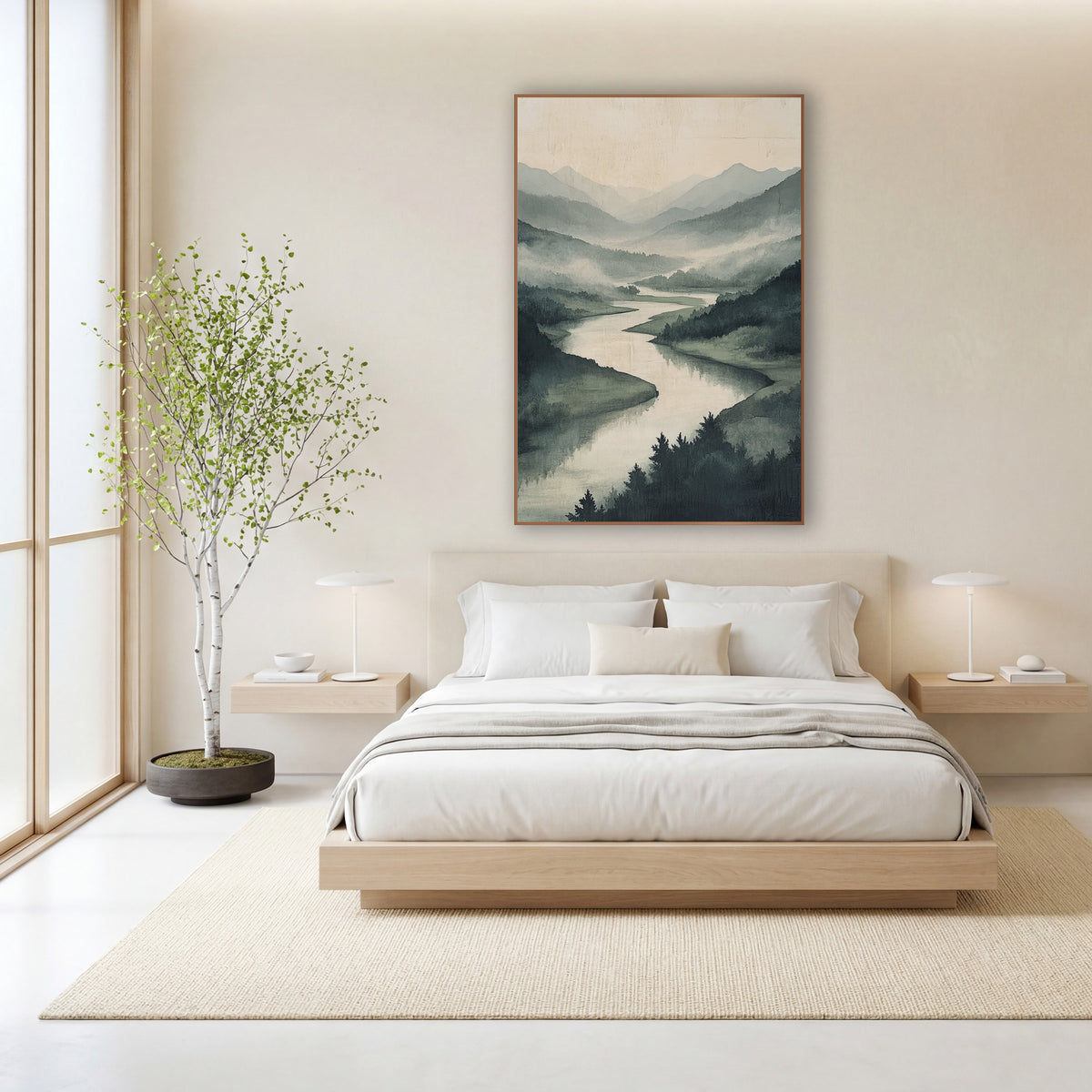 Misty Valley River Landscape Japandi wall art in a calm Japandi-style room – winding river through misty green
