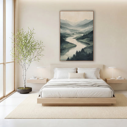 Misty Valley River Landscape Japandi wall art in a calm Japandi-style room – winding river through misty green