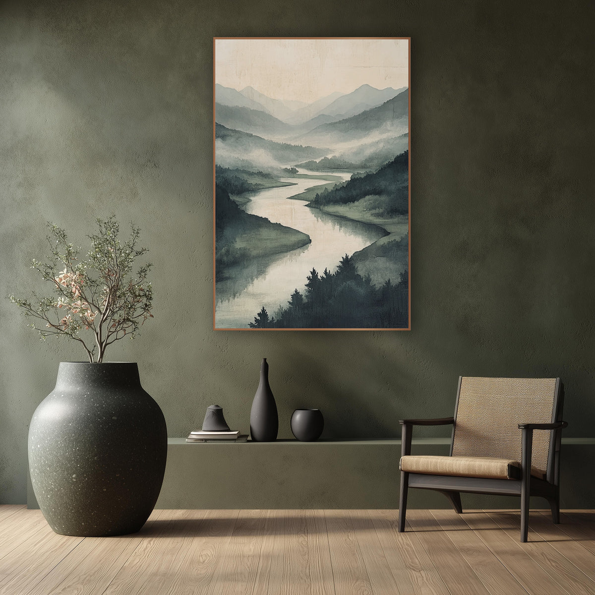 Misty Valley River Landscape Japandi wall art in a calm Japandi-style room – winding river through misty green