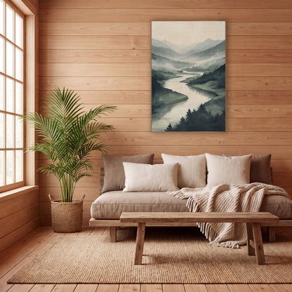 Misty Valley River Landscape Japandi wall art in a calm Japandi-style room – winding river through misty green
