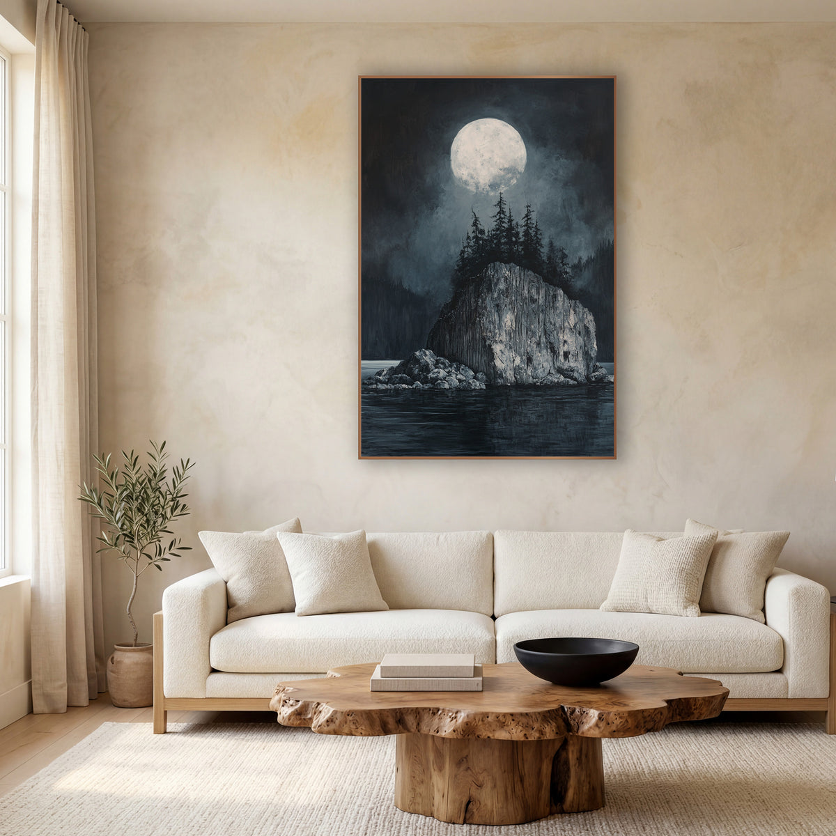 Towering Monolith Island Full Moon wall art in a calm Japandi-style room – full moon over a rocky island