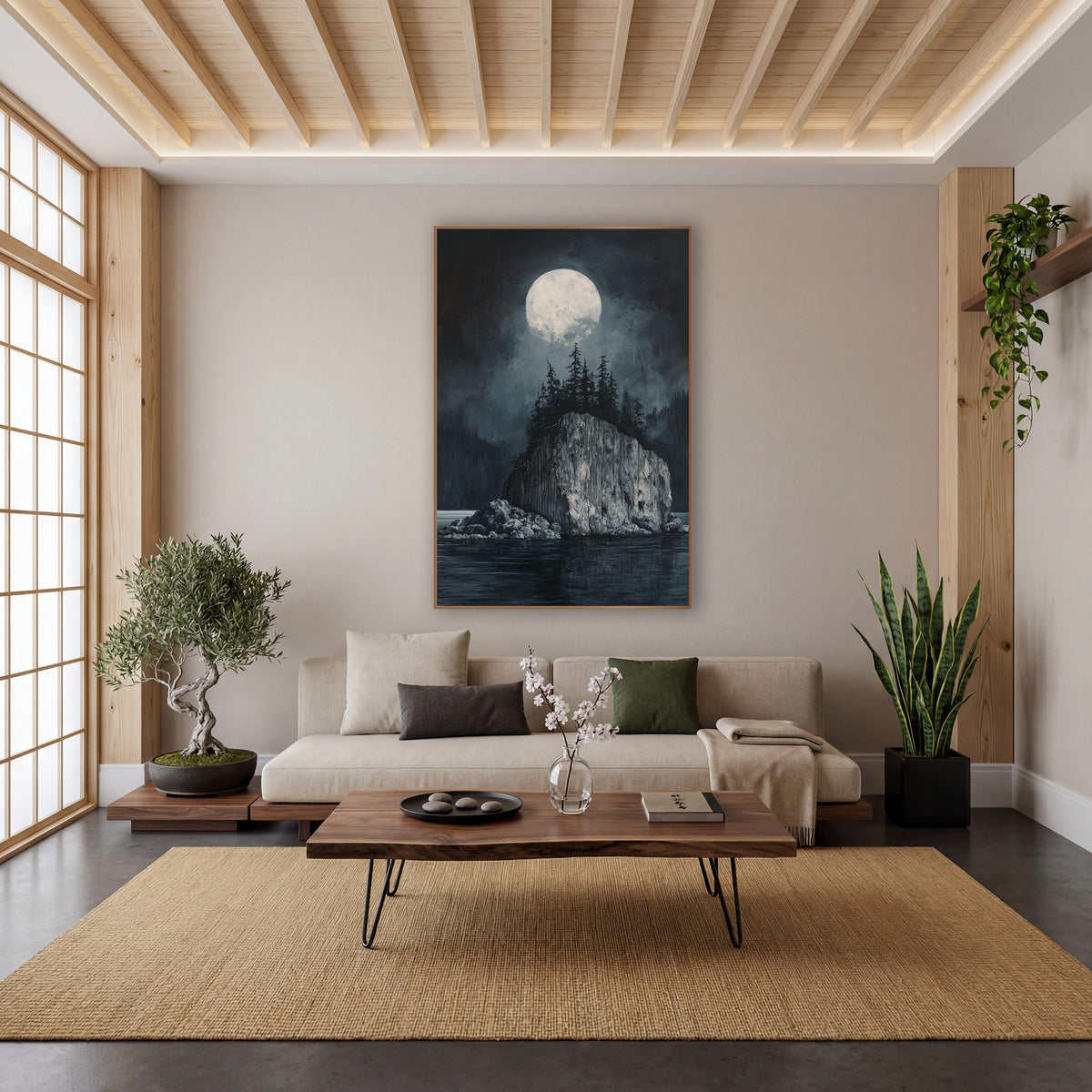 Towering Monolith Island Full Moon wall art in a calm Japandi-style room – full moon over a rocky island